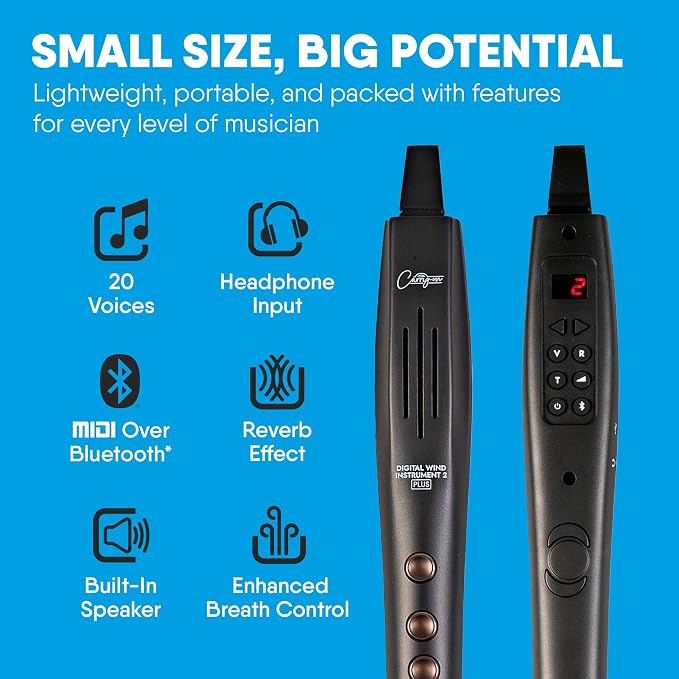 Carry-on Digital Wind Instrument 2 Plus - Lightweight & Rechargeable with 20 Instrument Voices - Built-In Speaker and MIDI Bluetooth Connectivity for Performances and Practice Anywhere - Black