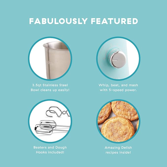 Delish by Dash Stand Mixer - Compact Mixer for Everyday Baking - 5-Speed Power with Removable Mixing Bowl - Dough Hooks Included - Aqua, 3.5-Quart