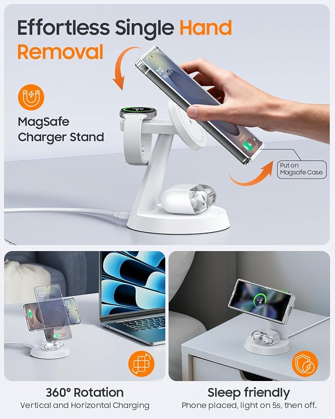 Meifigno Magnetic Wireless Charger for Samsung, 3 in 1 Charging Station Compatible with MagSafe Samsung Charger for Galaxy S26 Ultra S25 Z Fold7/Flip7, Charger Stand for Galaxy Watch Ultra 8 7, White