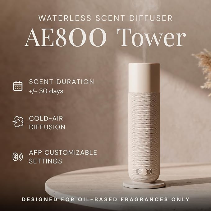 Air Esscentials AE800 Tower Smart Scent Air Machine, Waterless Aroma Diffuser with Bluetooth App Control, Ambient Light, Programmable Scent Settings, Covers Up to 800 Sq. Ft.