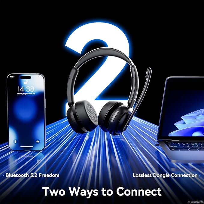Wireless Headset with Mic for Work, Bluetooth Headset with Microphone Noise Cancelling & Mute Button, 65H Talk Time, Comfortable Wireless Headsets for Work/Call Center/Computer/Laptop/Calls