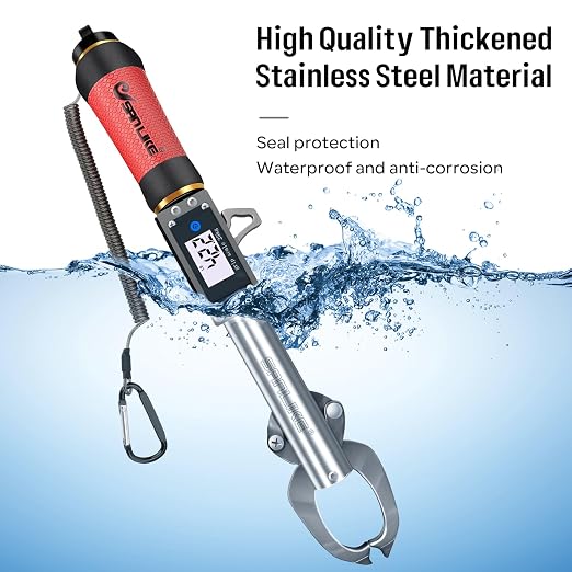 SANLIKE 55LB Digital Fish Gripper Stainless Steel Waterproof Fishing Scale | One-button control, sealed waterproof structure, dual unit switch, no fish injury design for saltwater freshwater angling