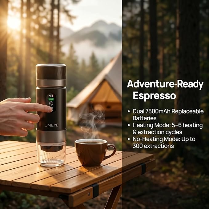 Portable Espresso Maker for Camping Travel Office – 20 Bar Self-Heating Cordless Coffee Machine, LED Display, Dual 7500mAh Battery, USB-C, Compatible with Small/Large Capsules & Ground Coffee