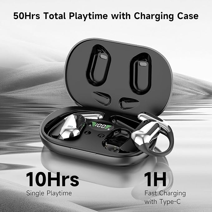 Open Ear Clip Wireless Earbuds Bone Conduction Headphones, Bluetooth 5.4，Built-in Mic, IPX7 Waterproof
