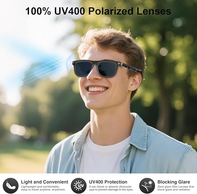 AI Smart Glasses for Men Women- Real-Time Translation (165+ Languages), Noise Cancelling, Open Ear Bluetooth Glasses, Polarized UV400 Smart Sunglasses, Auto On/Off Head Detection - Grey