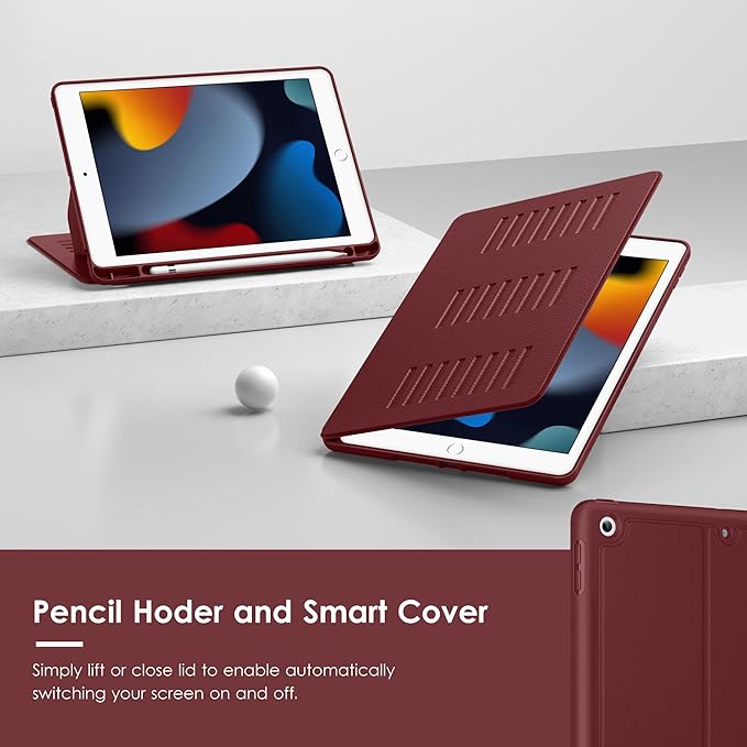 VIKESI Case for iPad 9th / 8th / 7th Generation 10.2 inch (2021/2020/2019 Released),Multiple Angles Magnetic Stand Cover,Shockproof Back,Pencil Holder,and Auto Sleep/Wake,Wine