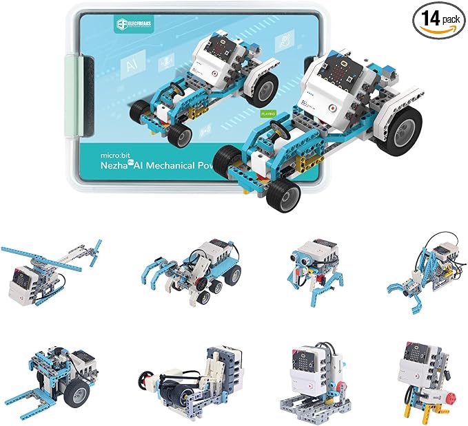 ELECFREAKS microbit Nezha AI Kit with Nezha Pro Expansion Board 16+ Makecode Story Coding Projects, microbit Starter Sensors Kit with Voice and Gesture Recognition Electronic Modules(without microbit)