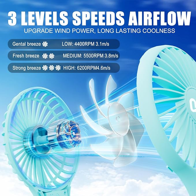 QQT Mini Handheld Fan, Small Personal Cooler with 3 Speeds, Portable Battery Operated, USB Rechargeable Makeup Eyelash Dryer, Strong Airflow for Travel, Office, Outdoor, Women, Men, and Kids(Blue)