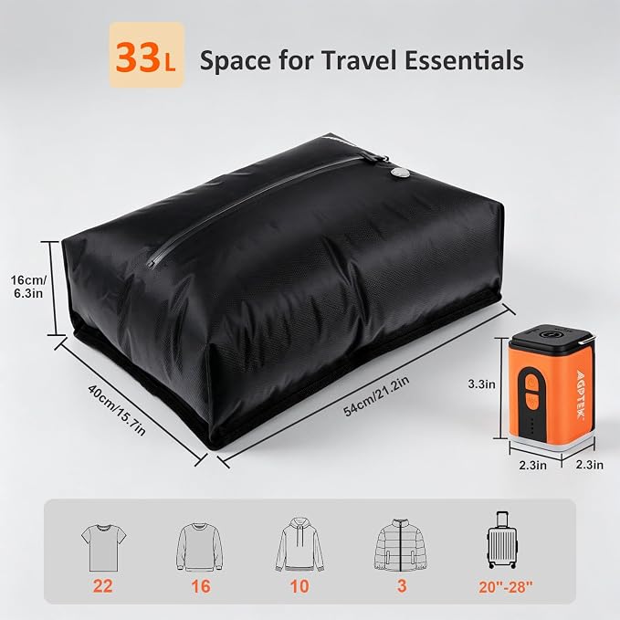 AGPTEK Travel Vacuum Bags with Mini Pump, IP67 Waterproof 2PCS Compression Bags for Carry on Luggage and Backpack, Electric Air Pump with 5 Nozzles & LED Light, Vacuum Seal Packing Cubes for Clothes
