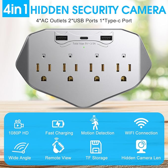 1080P WiFi Wall Outlet Camera, Indoor Surveillance Cam with Multi-Port Charger, 4 AC Outlets, USB & Type-C Ports, Motion Detection, Loop Recording, Remote View