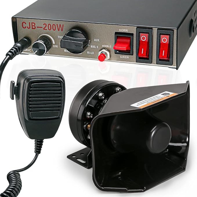12V 200W 9 Tones Police Warning Emergency Siren PA System [180° Design Speaker][125-135dB][Handheld Microphone][Hands-Free][2 x 10A Switches] for Firefighter Ambulance Vehicles Truck SUV ATV UTV