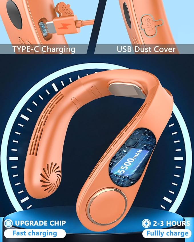 Neck Air Conditioner with Cooling Plate, USB-C recharable & LED Display, Silent Wearable Personal AC Unit, Bladeless Headphone Fan for Hot Flash Relief for Women Men Adults Outside Indoor, Orange