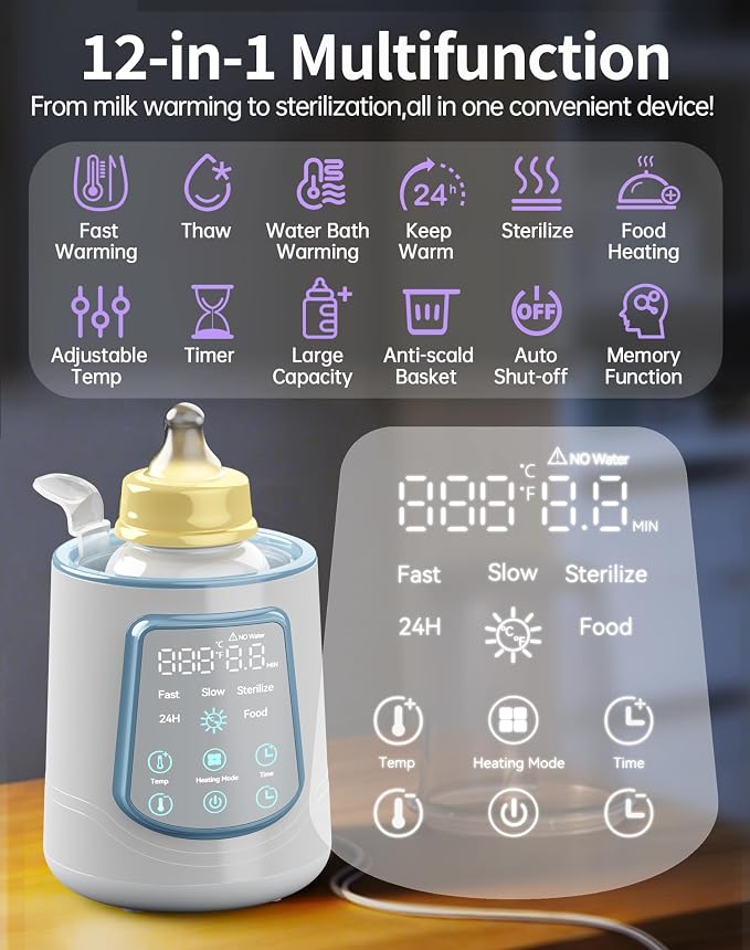 12 in 1 Fast Baby Bottle Warmer with Even Heating No Hot Spots, Night Mode, Sterili-zing,Constant Temp Milk Warmer for Breastmilk & Formula, Fits All Bottles Blue