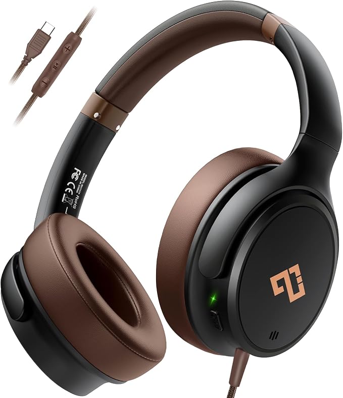 USB C Headphones Wired Headphone Over Ear with Microphone, Lightweight Only 195g, Active Noise Canceling Headphone for iPhone/iPad/Sports/School/Travel, Brown Headphones Plug and Play-Ideal Gifts