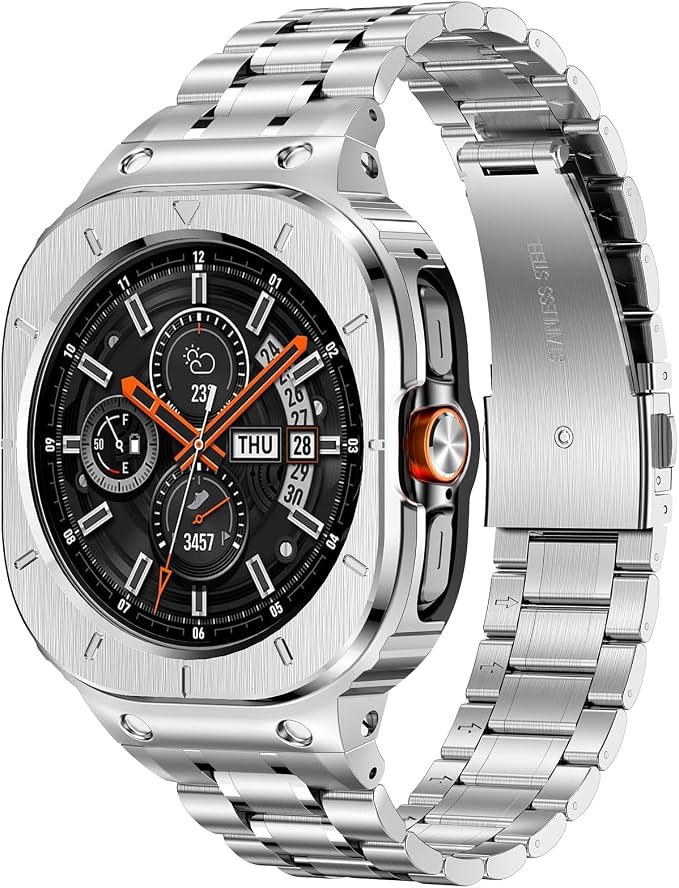 BAITEYOU Stainless Steel Bands with Case Compatible with Samsung Galaxy Watch Ultra 2/1 47mm (2025 2024), Rugged Protector Cover Metal Band for Galaxy Watch 7 8 Ultra for Men (Silver)