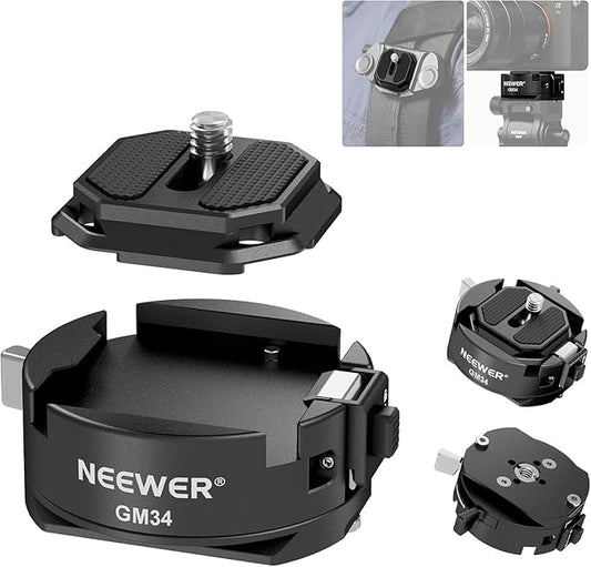 NEEWER GM34 Camera Quick Release Plate Kit, Quick Switch Auto Lock Square QR Mount Plate with Arca Type Clamp Base, Compatible with Arca Swiss Camera Clip, Max Load 11lb/5kg