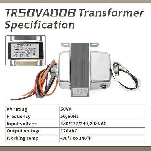 TR50VA008 Step-Down Transformer with Circuit Breaker Compatible with HVAC Systems 50VA 480/277/240/208VAC to 120VAC, Foot and Dual Threaded Hub Mount