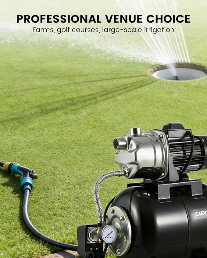 Powerful 1.6HP Shallow Well Pump with Pressure Tank, 1320GPH High Flow, 164ft Max Head, Stainless Steel Construction, Auto Pressure Switch - Ideal for Home/Farm/Garden/Yard Water Supply (Black)