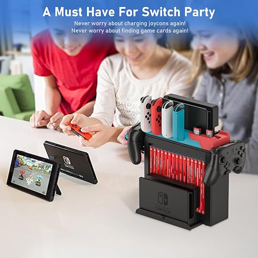 Switch Game Storage with Controller Charger for Nintendo Switch & OLED Model, Switch Charging Dock Charges 6 Joycons, Switch Gaming Accessories Holder Desk, Switch Game Gift Card Organizer (Red＆Blue)