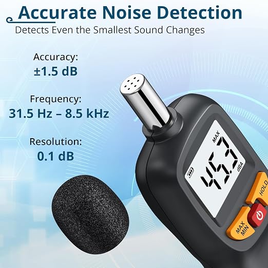 Digital Decibel Meter 30-130dB,A-Weighted Sound Level Tester with Hold Function & Backlit LCD,Portable Noise Monitor for Home,Apartment & Office