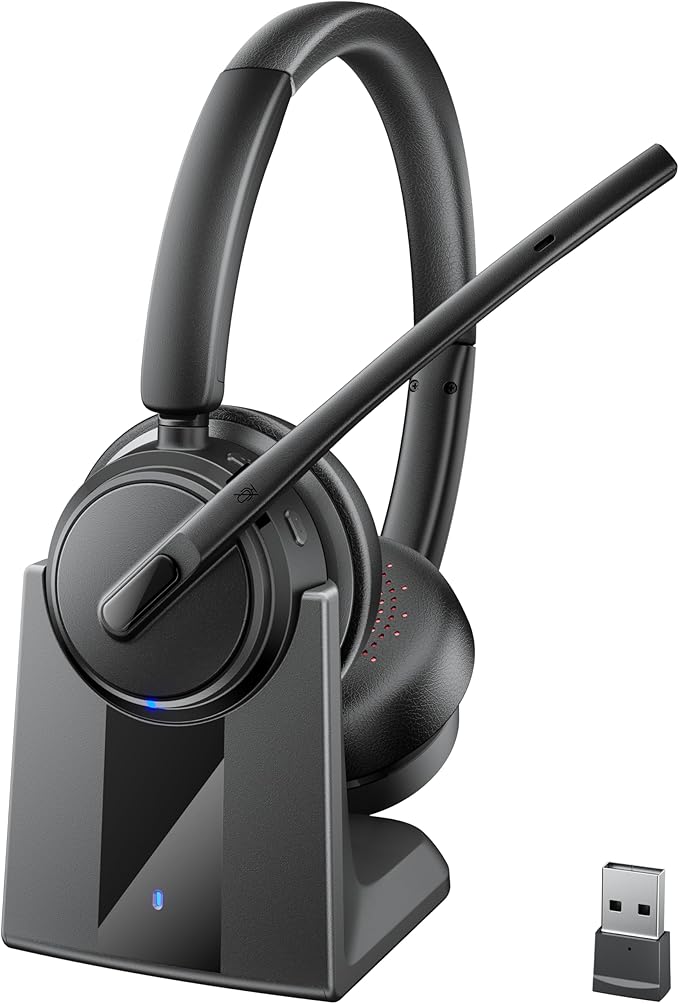 Mopchnic Wireless Headset with Noise Cancelling Microphone, On-Ear Bluetooth Headset with USB Dongle, Mute Function & Charging Base, Wireless Headphones for Work from Home and Call Center (Black)