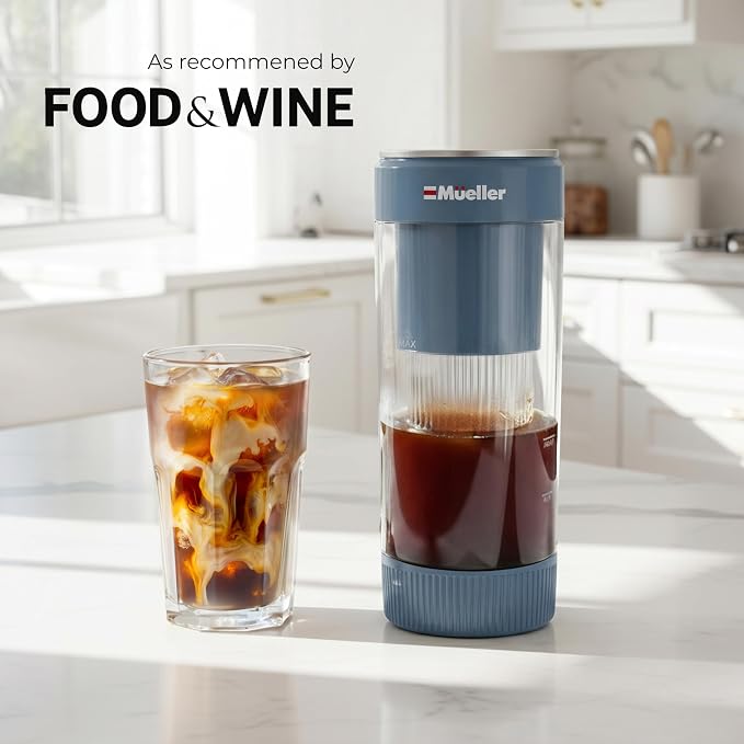 Mueller RapidBrew Cold Brew Iced Coffee Maker – 10 Min Fast Brew Portable Rechargeable Cold Brew Machine for Coffee & Tea – Adjustable Strength 10-99 Min – 20 Servings Per Charge, Mineral Blue
