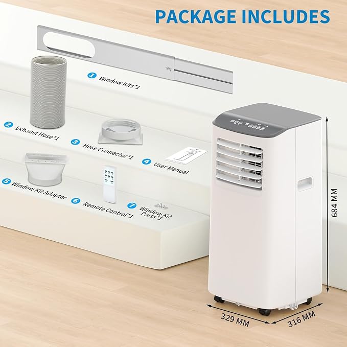 8000 BTU Portable Air Conditioners with Cooling, Dehumidifying, and Fan Functions, White Body with Cool Grey Top Cover, Perfect for Rooms Up to 350 Sq Ft, Quiet Mode, Energy-Saving 24-Hour Timer