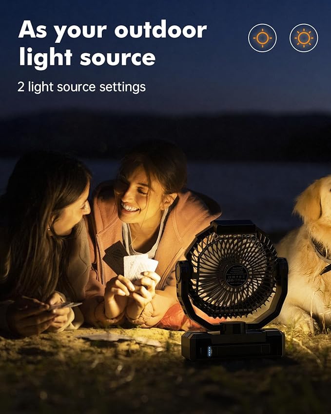 3-in-1 Camping Fan - 36000mAh Detachable Portable Fan Rechargeable with Light & Hook, Battery Powered Fans for Outdoor, Indoor, Tent, Fishing, Travel, Hurricane, Summer Gifts for Men - Black