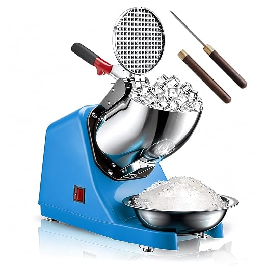 Blue Ice Crusher Shaver Electric 300W Snow Cone Maker Machine 440lbs/hr Shaved Ice Machine Stainless Steel Kitchen Electric Ice Crusher Free Ice Pick Ice Cube Tray
