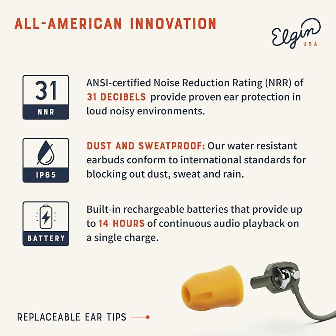 Elgin Discord Gen 3 Bluetooth Earplug Earbuds, OSHA Compliant Wireless in-Ear Headphones, 31dB NRR ANSI Certified Noise Isolation, Dynamic 8mm Driver, USB-C Charging, 14-Hour Playback