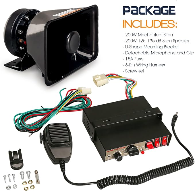 9 Tones Police Emergency PA Siren System 12V 200W [Rectangle Speaker][125-135dB][Handheld Microphone][Hands-Free][2 x 10A Switches] for Firefighter Ambulance Vehicles Truck SUV ATV UTV