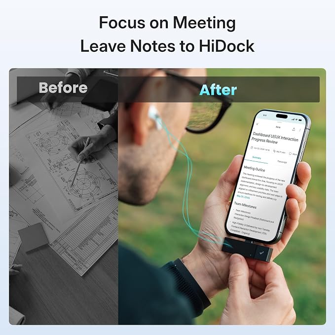 HiDock P1 mini AI Voice Recorder: Smart Voice Recorder Work with Wireless Earbuds for Meeting Lectures Calls BlueCatch Tech Digital Audio Recorder Transcription Summary HiNotes APP Control 32GB
