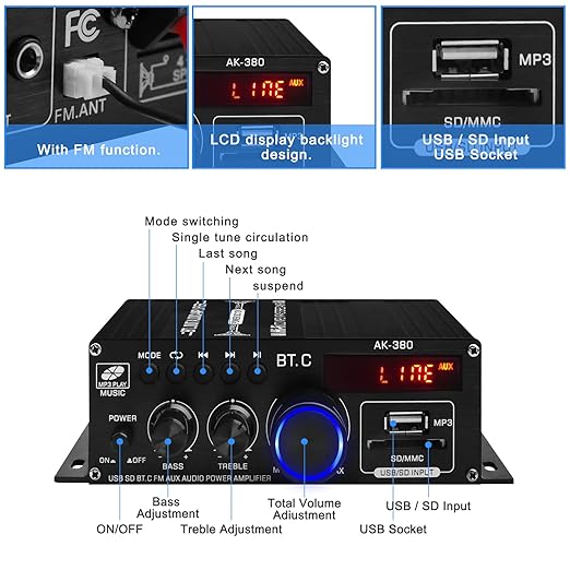 AK-380 USB SD BT.C FM AUX Audio Power Amplifier 2.0 CH 40W+40W HiFi Stereo AMP Speaker Bluetooth 5.0 Amp Receiver with 12V 5A Power Supply,FM Antenna for Car Home Bar Party