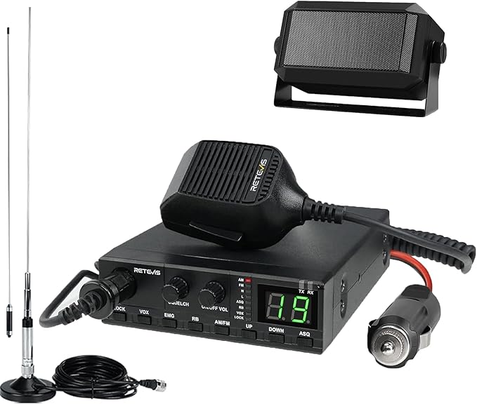 Retevis MB2 CB Radio, Professional AM/FM 40 Channels CB Base Station, 5W Mini External Speaker, Cigarette Lighter and Magnetic Antenna, Squelch ASQ, VOX, Auto-Scan, Long Range CB Radios for Truckers