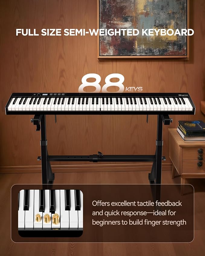 Rhymo 88 Key Portable Piano Keyboard, Semi-Weighted Folding Piano Full Size, Ultra Sound Upgrand Imitation Wood Texture Keyboard w/MIDI Bluetooth LCD Display Screen, Sustain Pedal for Beginners Adult