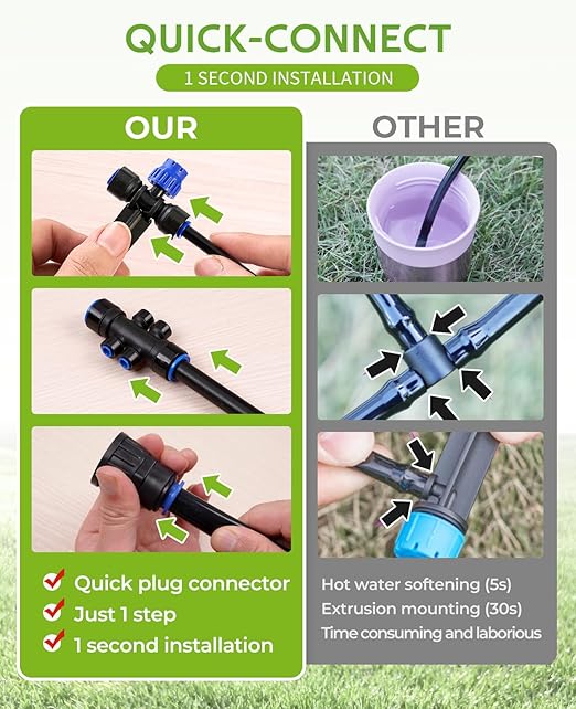 HIRALIY 50FT Automatic Drip Irrigation Kit with Timer, Quick-Connect Garden Watering System with 40FT 1/4" Tubing, 10FT Main Hose, 12 Adjustable Drippers for Patio, Raised Beds & Potted Plants