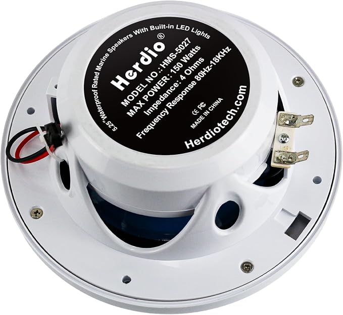 Herdio 5.25" 250W Marine Speakers - IP66 Waterproof Coaxial Audio, with Blue LED Light for Boats, ATVs, UTVs with UV Resistant White Grille (A Pair)
