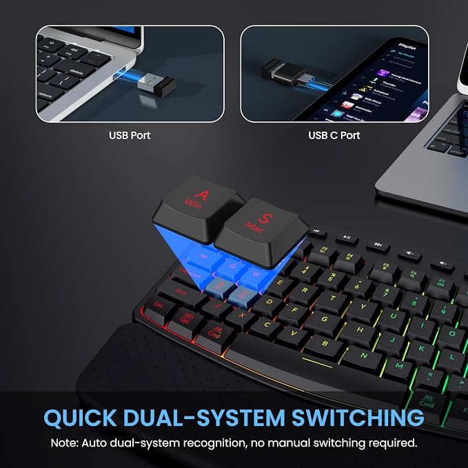 COLIKES Ergonomic Wireless Keyboard and Mouse Silent, Rechargeable Wave Keyboard with 15 Lighting RGB Backlit Effects, Soft Leather Wrist Rest, 3200 DPI Mouse for PC Computer Laptop Windows Mac