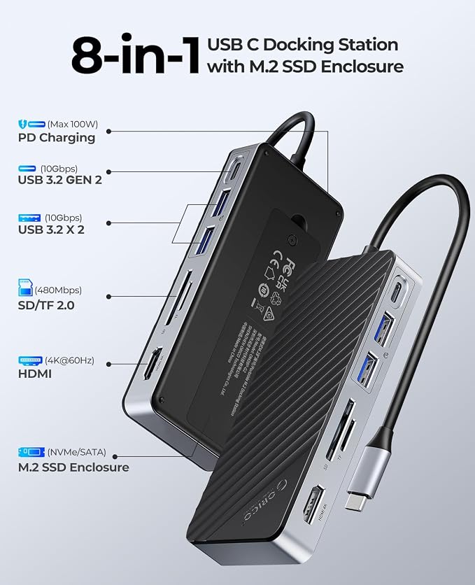 ORICO USB-C Hub with M.2 SSD Enclosure, 8-in-1 USB C Docking Station Fits M.2 NVMe/SATA SSD, 10Gbps, 4K@60Hz HDMI, 100W PD, SD/TF Card Reader