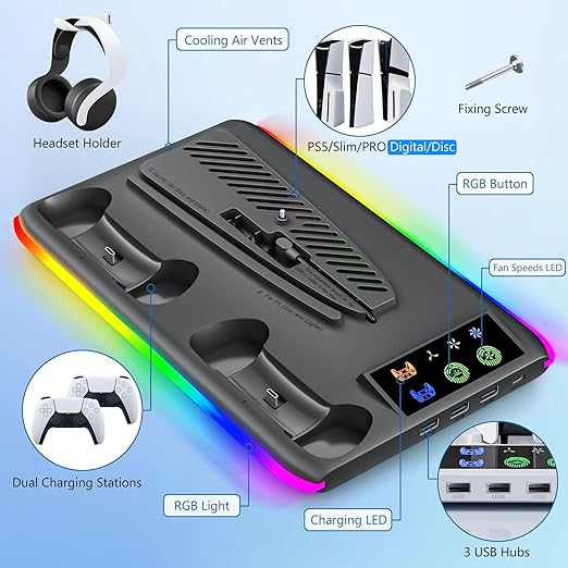 BRHE PS5/Slim/Pro Cooling & Charging Station with Cooling Fan,PS5/Slim/Pro Stand for Disc & Digital Console,PS5 Controller Charger,PS5 Accessories with 3 Charging Ports,Headset Holder
