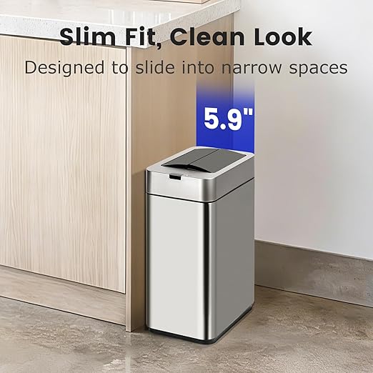 SYNCVIBE Sensor Trash Can with Butterfly Lid 2.6 Gallon Rectangular Automatic Garbage Can, Stainless Steel Trash Bin, Slim Waterproof Wastebaskets with Lid Soft Close for Under Counter, Silver