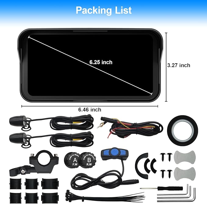 6.25" Motorcycle Carplay with GPS Navigation System, IPS Waterproof Touchscreen, Inculed SD-128GB, TPMS, HD Touch Screen Auto and Dual 1080P Camera/Dash Cam, Support iOS/Android, BT, Siri