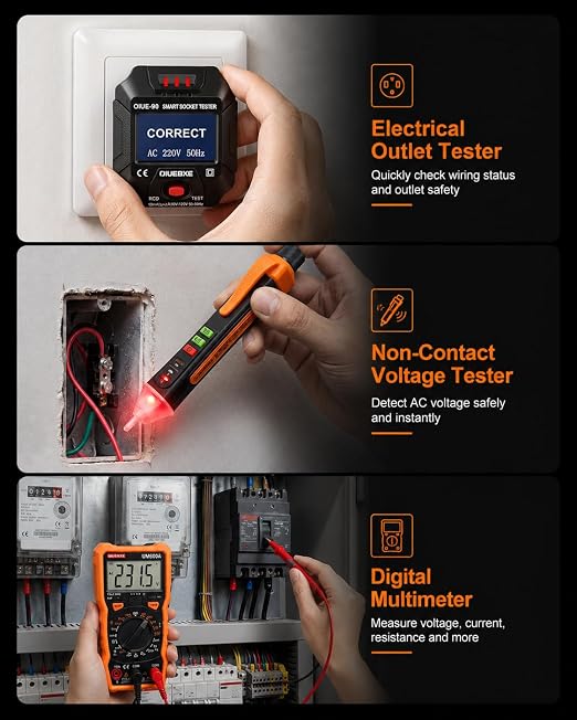 ETK3 3-in-1 Electrical Test Kit with Digital Multimeter, Non-Contact Voltage Tester & Outlet Tester, True RMS Multimeter with Silicone Test Leads for Electricians HVAC Home DIY