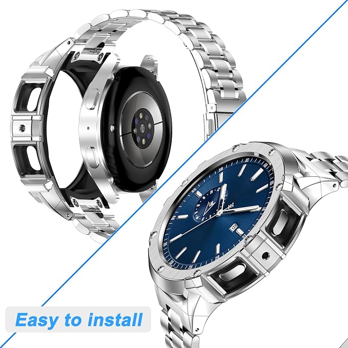 BAITEYOU Stainless Steel Bands with Case Compatible with Samsung Galaxy Watch 6 44mm, Rugged Protective Case Cover and Metal Band for Galaxy Watch 6 44mm for Men (Silver)