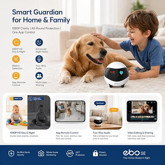 Enabot EBO SE FamilyBot Pet Camera Robot - 1080P HD Indoor Movable Home Security Camera with Auto-Recharge, Night Vision, 2-Way Talk, Local Storage, APP Control,Motion Detection for Dog/Cat Monitoring