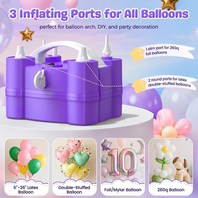 Keaibuding Electric Balloon Pump, 4-in-1 Balloon Blower with Triple Inflating Ports for All Balloons, Air Pump for Sports Balls, Inflator& Deflator for Inflatables (Dust-Proof Storage Bag Included)