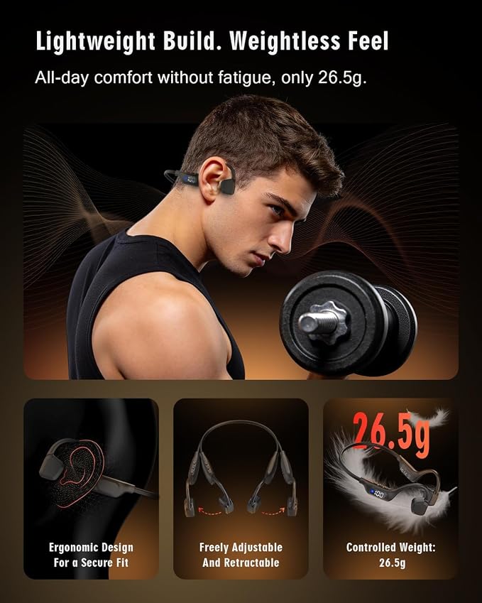 Bone Conduction Headphones, 14H Playtime Bluetooth 6.0 Open-Ear Earbuds with Mic, IPX5 Waterproof Lightweight Headset, Wireless Sport Earphones for Running, Cycling, Gym Workouts(Black)