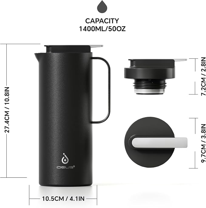 IDEUS Thermal Coffee Carafe 50oz (1,400ml), Stainless Steel Double Wall Insulated Vacuum Flask, Water Jug Coffee Server and Beverage Dispenser, Heat and Cold Retention, Black