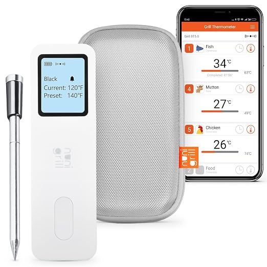 Smart Wireless Meat Thermometer- Digital Meat Thermometer for Smoker, Grilling & Oven Smartphone App Digital Meat Thermometer Wireless, 200ft Range, Rechargeable (One Probe)