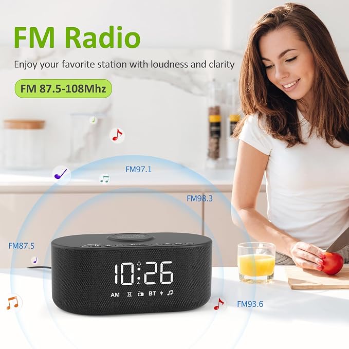 DreamSky Alarm Clock Radio with Wireless Charging and Bluetooth Speaker | Loud Alarm for Heavy Sleepers, Bedroom Digital FM Radio with Sleep Timer, 0-100% Dimmer, 9 Alarm Sounds & 16 Volumes, USB